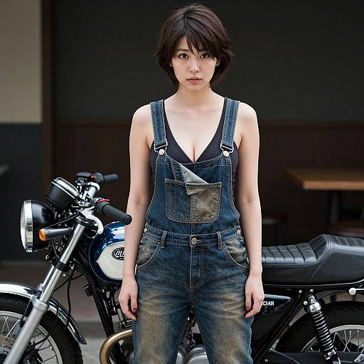 Asian woman with short black hair, wearing denim overalls and black tank top, standing in front of a black motorcycle. Photographic image.