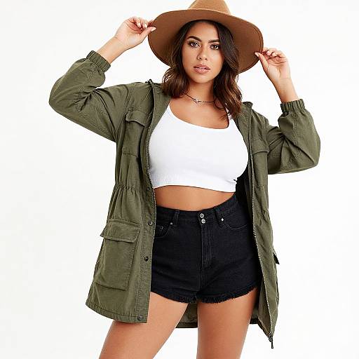 Photograph of a woman with light brown skin, dark wavy hair, wearing a tan hat, green military jacket, white crop top, and black
