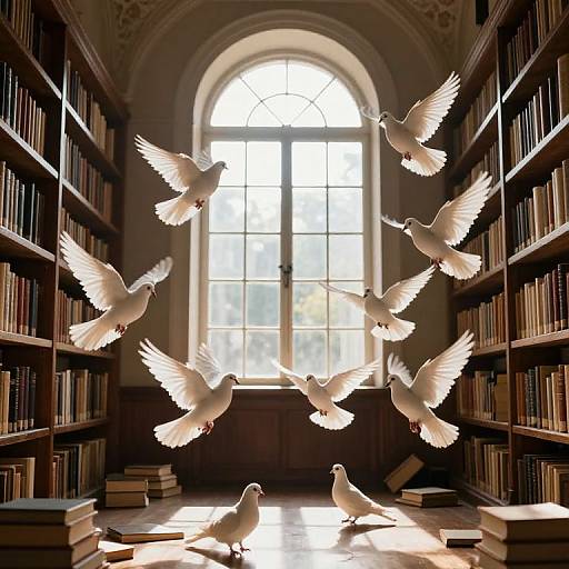 Photograph of white doves mid-flight in a sunlit, arched-window library with dark wooden bookshelves, scattered books, and soft,