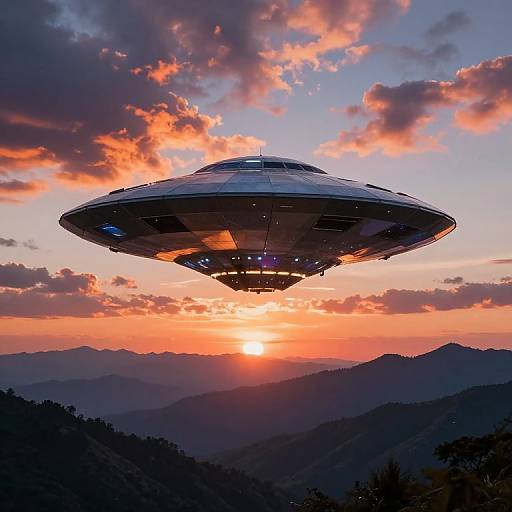 Photograph of a silver flying saucer hovering above mountainous landscape at sunset, with vibrant orange and pink clouds in the sky.