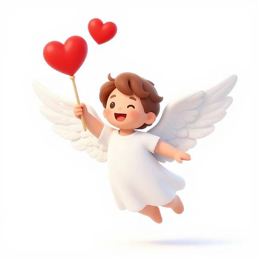 Cartoon angel child with brown hair, white dress, and wings, joyfully flying while holding two red heart-shaped balloons.