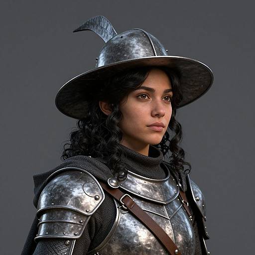 CGI portrait of a young woman with curly black hair in medieval silver armor and feathered helmet, gazing forward against a dark gray background.