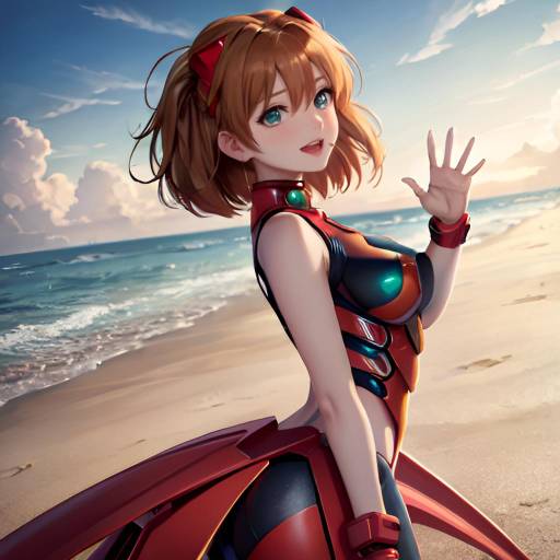 Digital anime-style drawing of a short-haired, red-haired girl in a black wetsuit with white stripes, standing on a rocky beach with turquoise ocean