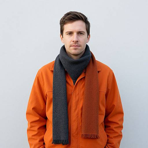Man in Orange Jacket by Wall