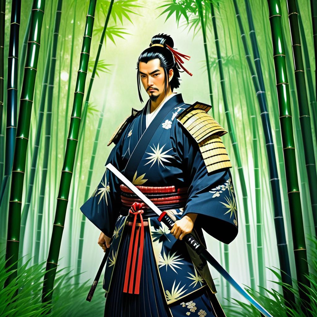 Stoic Samurai in Serene Bamboo Grove