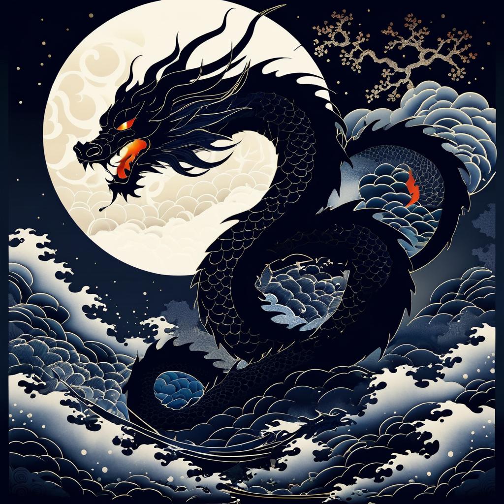 Ukiyo-e Dragon Silhouette in Moonlight