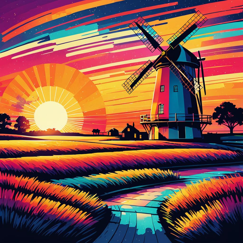 Vibrant Hand-Drawn Retro Sunset Windmill