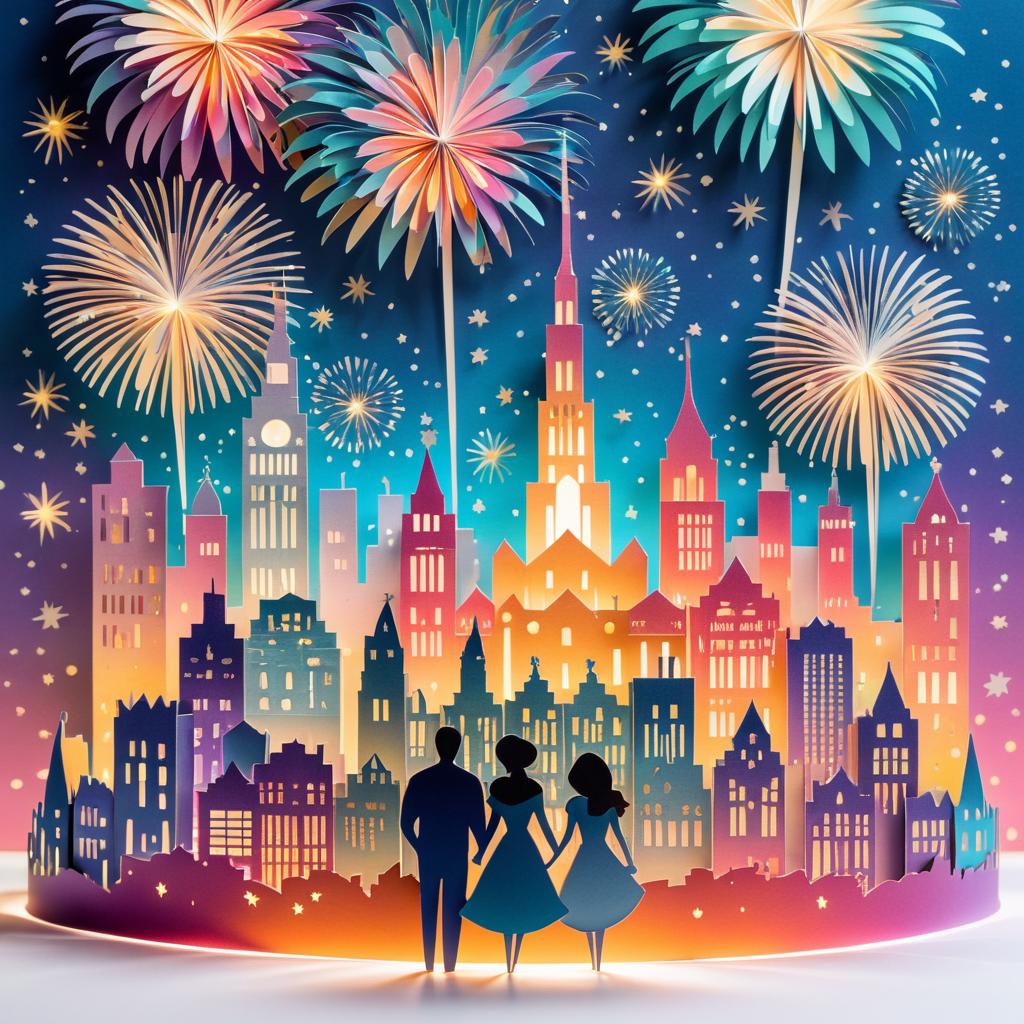 Romantic Paper Art: Fireworks Celebration Scene