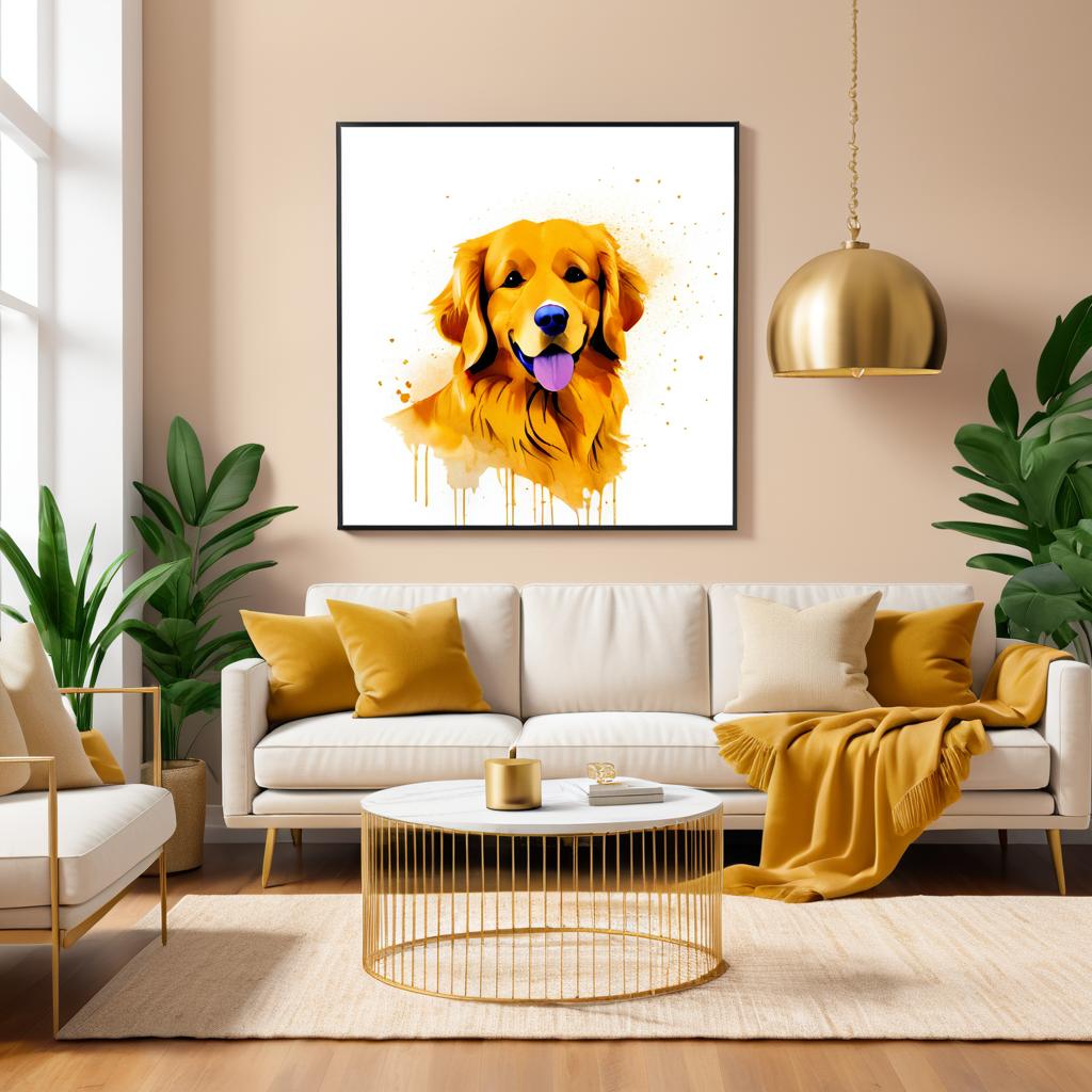 Cozy Living Room Art with Golden Retriever