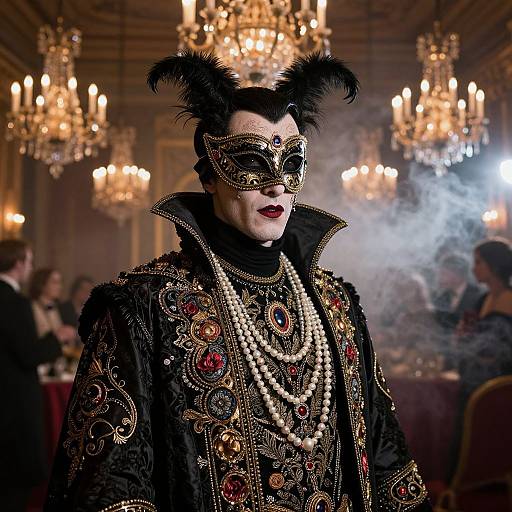 Photograph of a Gothic masquerade figure in elaborate black costume with gold embroidery, pearls, and black feathered mask, surrounded by chandeliers