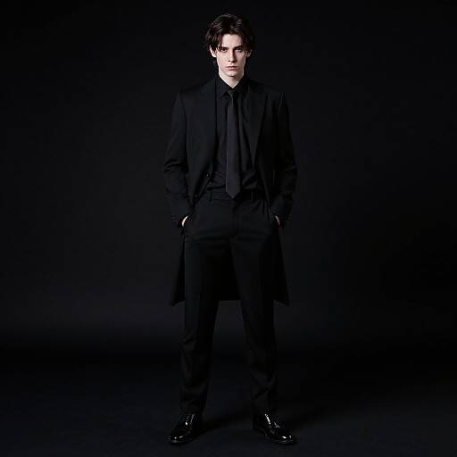 Photograph of a serious, dark-haired man in a black long coat, black shirt, and black pants, standing against a black background, hands in