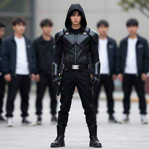 Photograph of an Asian man in a black, armored hoodie, gloves, and pants, standing confidently in the foreground, with four blurred men in black