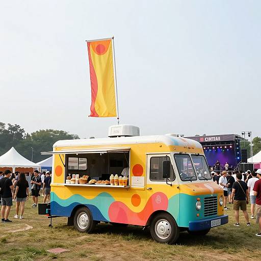 Vibrant, retro-style food truck with colorful sun and wave patterns, tall orange flag, parked on grass at outdoor festival.