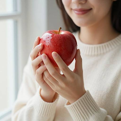 Photograph of a smiling woman with light skin, wearing a white knit sweater, holding a shiny red apple in her hands. Bright window light in the