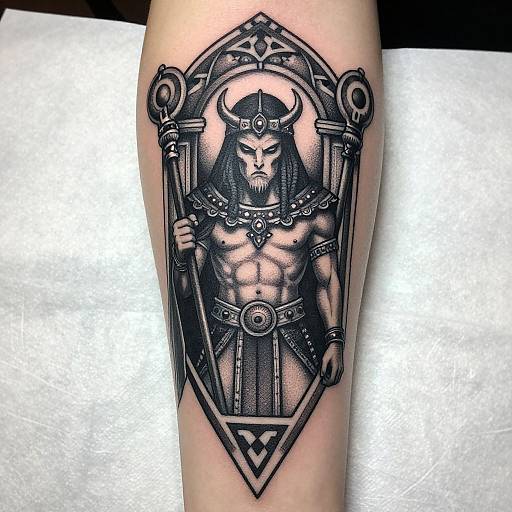 Black and gray tribal tattoo of a muscular, bearded Viking warrior with horns, holding a sword, framed in an ornate geometric design on a person