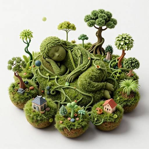 Photograph of a green, serene, sleeping Buddha surrounded by miniature houses, trees, and plants, all enveloped in lush moss.