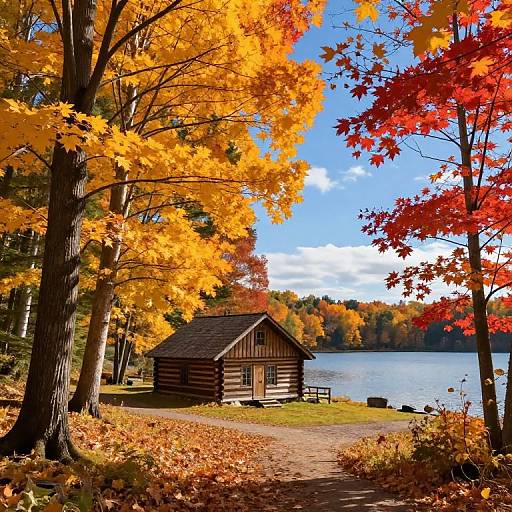 Autumn Maple Forest with Rustic Cabin