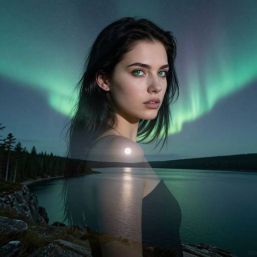 Photograph of a fair-skinned woman with green eyes, black hair, and a black top, standing by a lake at night with vibrant green aur