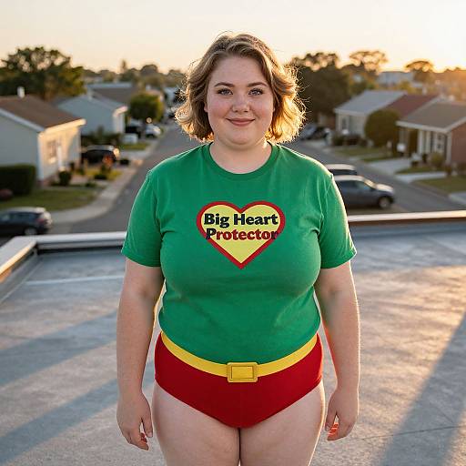 Photograph of a smiling, plus-sized woman with short brown hair, wearing a green 