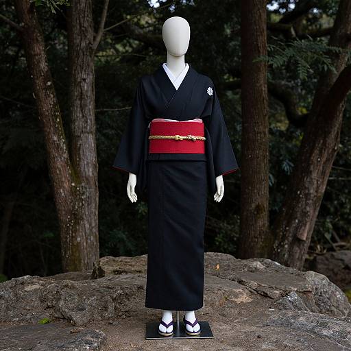 Photograph of a white mannequin wearing a black kimono with a red obi, standing on rocks in a forest. Dark, dense trees