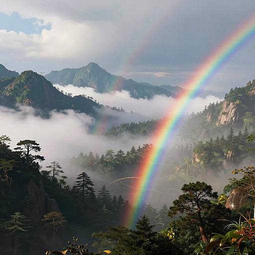 Mountain Landscape with Double Rainbow and Mist