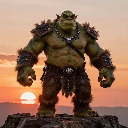 Photograph of a muscular, green-skinned orc warrior with furred armor, necklace, and loincloth, standing on a rock at sunset.