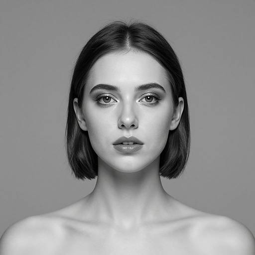 Monochromatic photograph of a woman with short, dark hair, centered, gazing directly at the camera, high contrast, gray background.