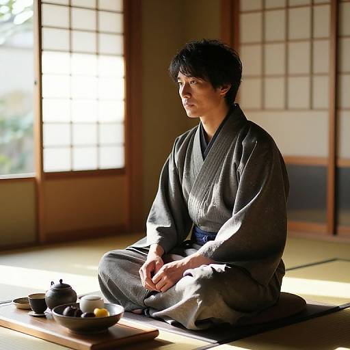 Photograph of a middle-aged Asian man with short black hair, wearing a gray kimono, sitting cross-legged on a tatami mat in a sun