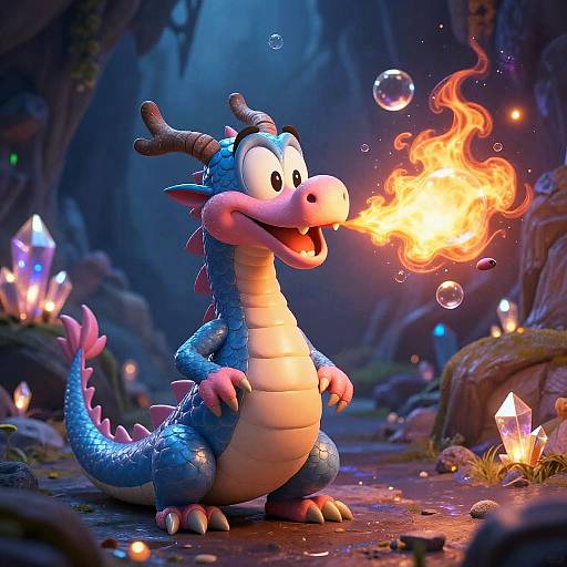 CGI dragon cartoon with blue scales, pink underbelly, and small horns, breathing fire while surrounded by glowing crystals in a mystical cave.