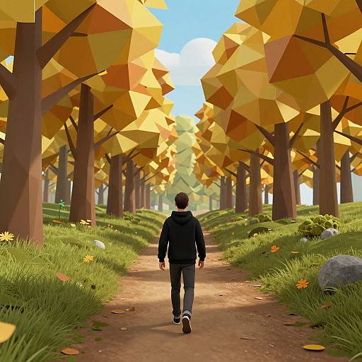 Digital artwork of a person in black hoodie and jeans walking down a sunlit, tree-lined path with geometric yellow-orange leaves.