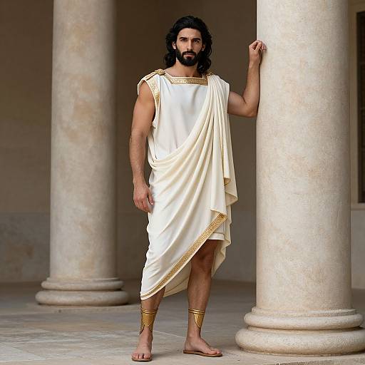 Photorealistic image of a bearded man with long dark hair, wearing a white toga with gold trim, standing between ancient columns, barefoot