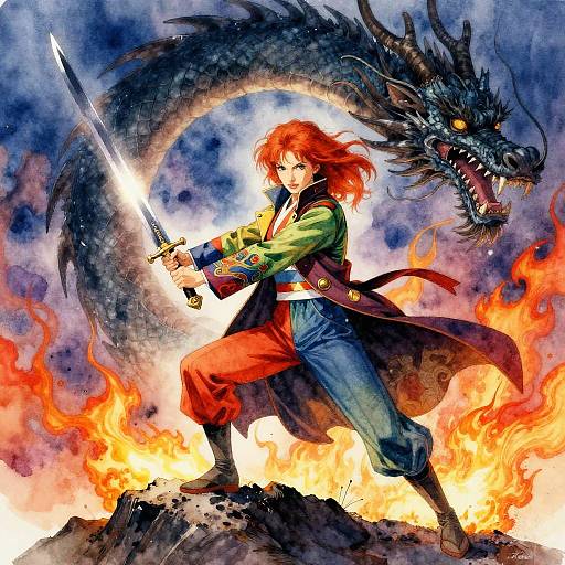 Anime-style digital illustration of a red-haired warrior with a sword, standing on a rock amidst flames, facing a fierce dragon.
