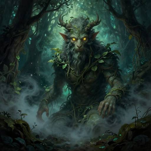 Digital fantasy artwork of a fierce, glowing-eyed, horned forest demon with dark fur, vines, and leaves, emerging from misty woods.