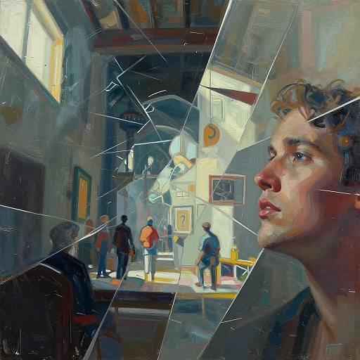 Digital painting of a cracked glass panel showing a museum gallery with diverse people and a detailed, realistic portrait of a young man with curly hair.