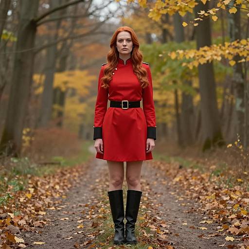 Woman in Red Guard Costume in Autumn Forest