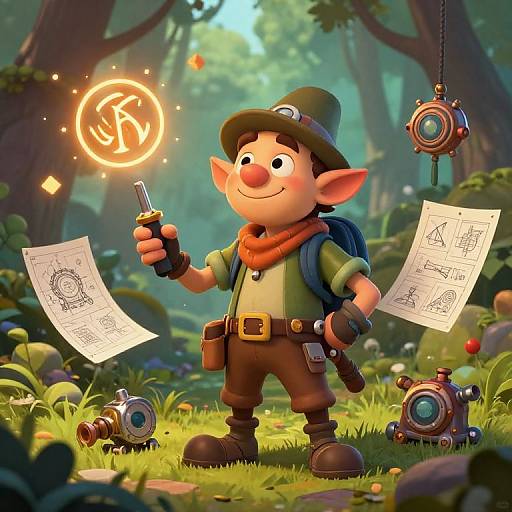 CGI cartoon elf in forest, wearing green hat, red scarf, and brown pants, holding flashlight, blueprint in one hand, glowing orb in other