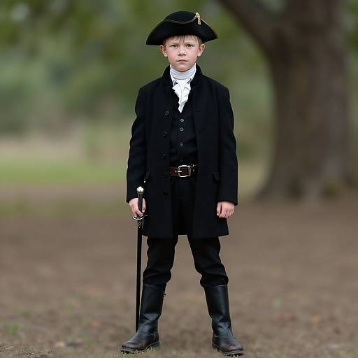 Photograph of a young boy in Victorian-style black outfit with top hat, white shirt, black coat, and boots, holding a cane, standing in