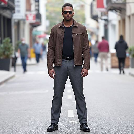 Photograph of a confident Black man with short hair, wearing sunglasses, brown leather jacket, black shirt, gray pants, and black shoes, standing in
