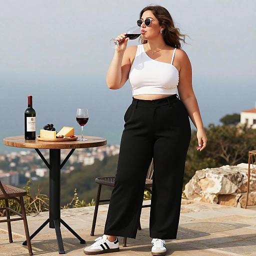 Photograph of a woman with medium skin tone, brown wavy hair, wearing sunglasses, white crop top, black high-waisted pants, white