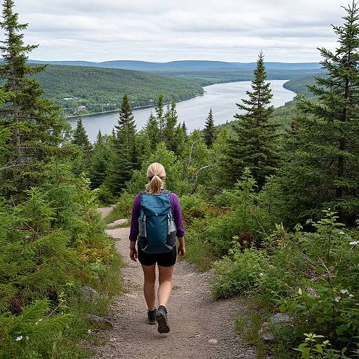 Photograph of a blonde woman with a blue backpack, wearing purple sleeves and black shorts, hiking on a forest path, overlooking a winding river and lush