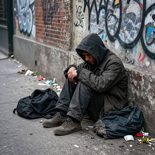 Photograph of a hoodie-clad homeless man with downcast eyes, sitting on a graffiti-covered urban sidewalk, surrounded by scattered trash.