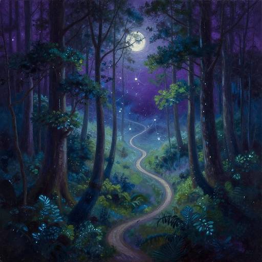Digital painting of a glowing, winding forest path under a full moon in a magical, deep blue and purple night forest.