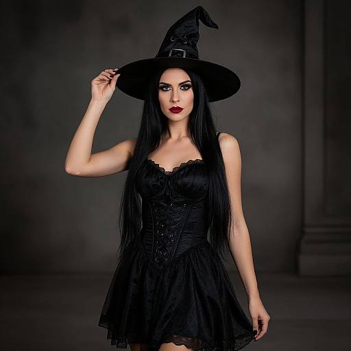 Photograph of a pale-skinned woman with long black hair, wearing a black witch hat, corseted black dress, and red lipstick, standing