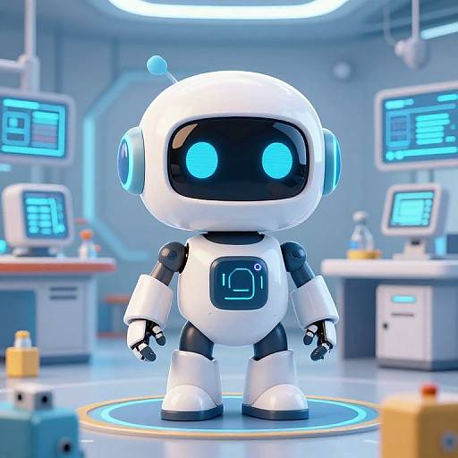 CGI image of a cute, white, robot with black accents and glowing blue eyes, standing in a futuristic laboratory with blue-lit screens and equipment