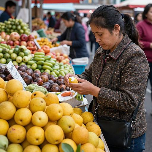 Photograph of a Latina woman with black hair in a ponytail, wearing a brown textured jacket, selecting a yellow orange at a bustling outdoor market with