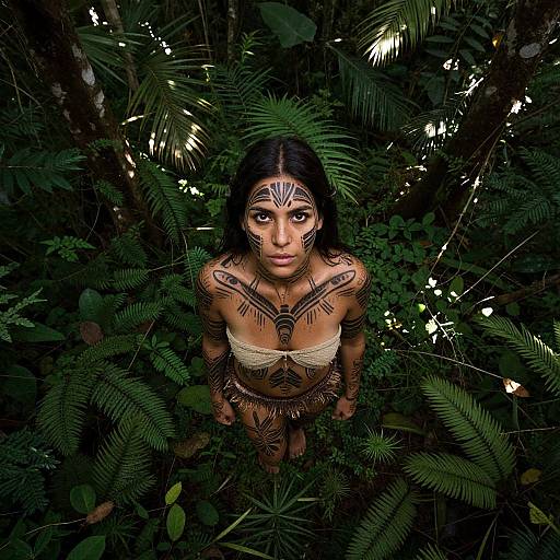 Photograph of a woman with dark hair and intricate tribal tattoos, wearing a beige top, standing in a dense, tropical forest. She looks up at