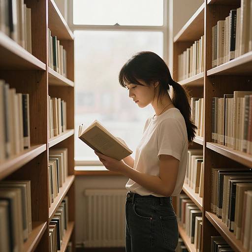 Photograph of a young Asian woman with long black hair in a ponytail, wearing a white t-shirt and blue jeans, reading a book in a