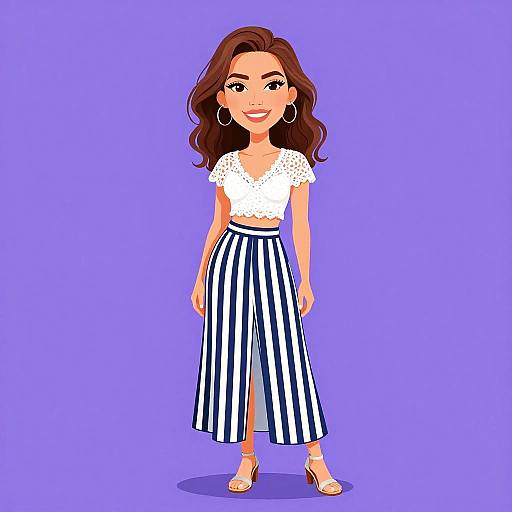 Digital illustration of a smiling woman with wavy brown hair, wearing a white lace top, blue and white striped high-waist pants, and gold