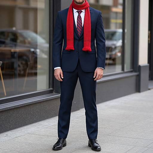 Photograph of a man in a black suit, white shirt, red striped tie, and bright red knitted scarf, standing on a city sidewalk with