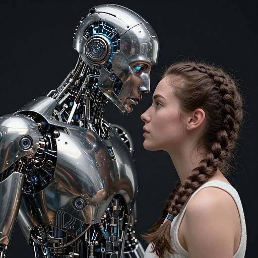 Futuristic Robot Kissing Human Woman